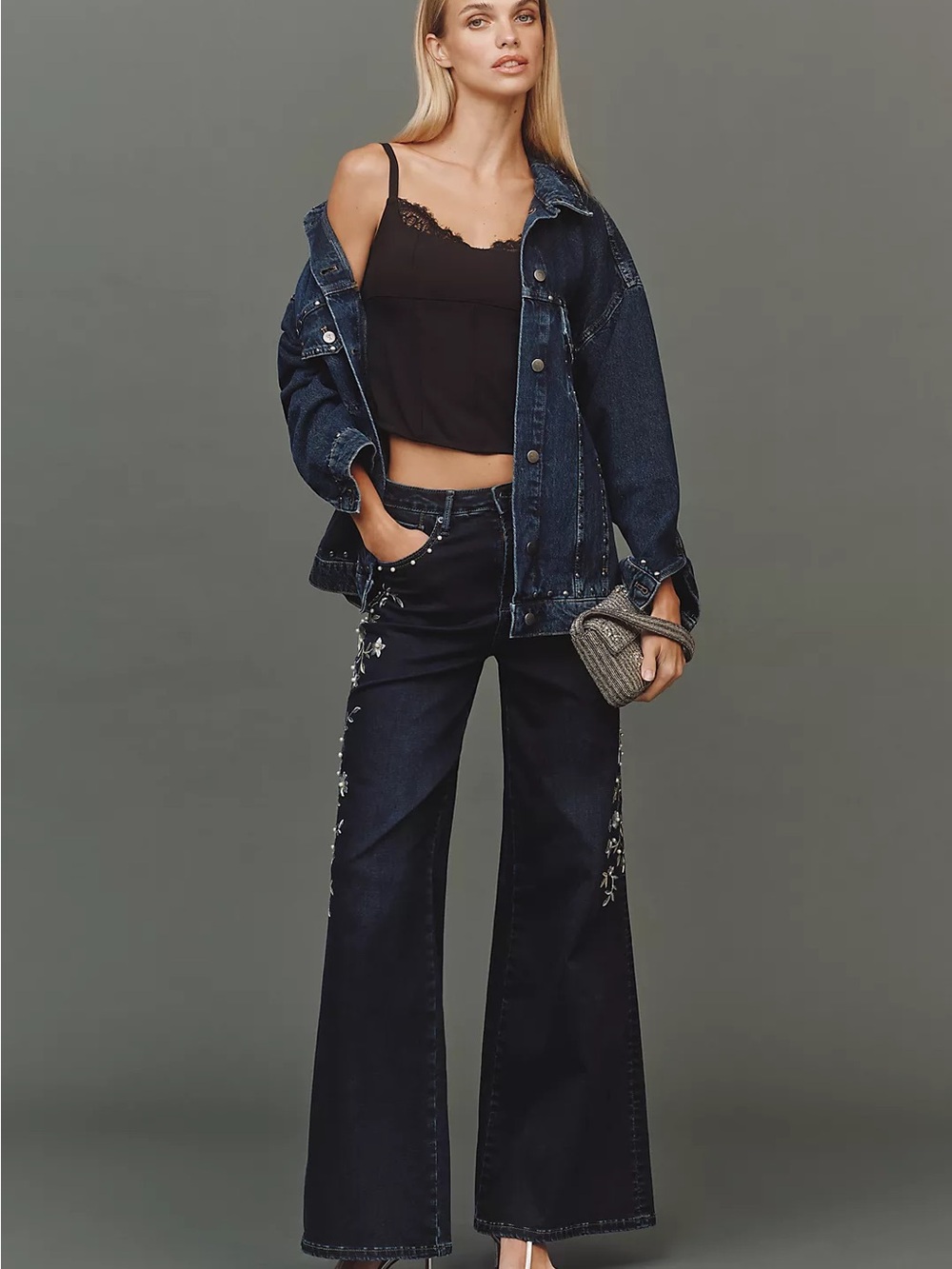 Anthro Driftwood Penelope Wide-Leg  Embroidered  Dark Wash Jeans SZ W28 L32